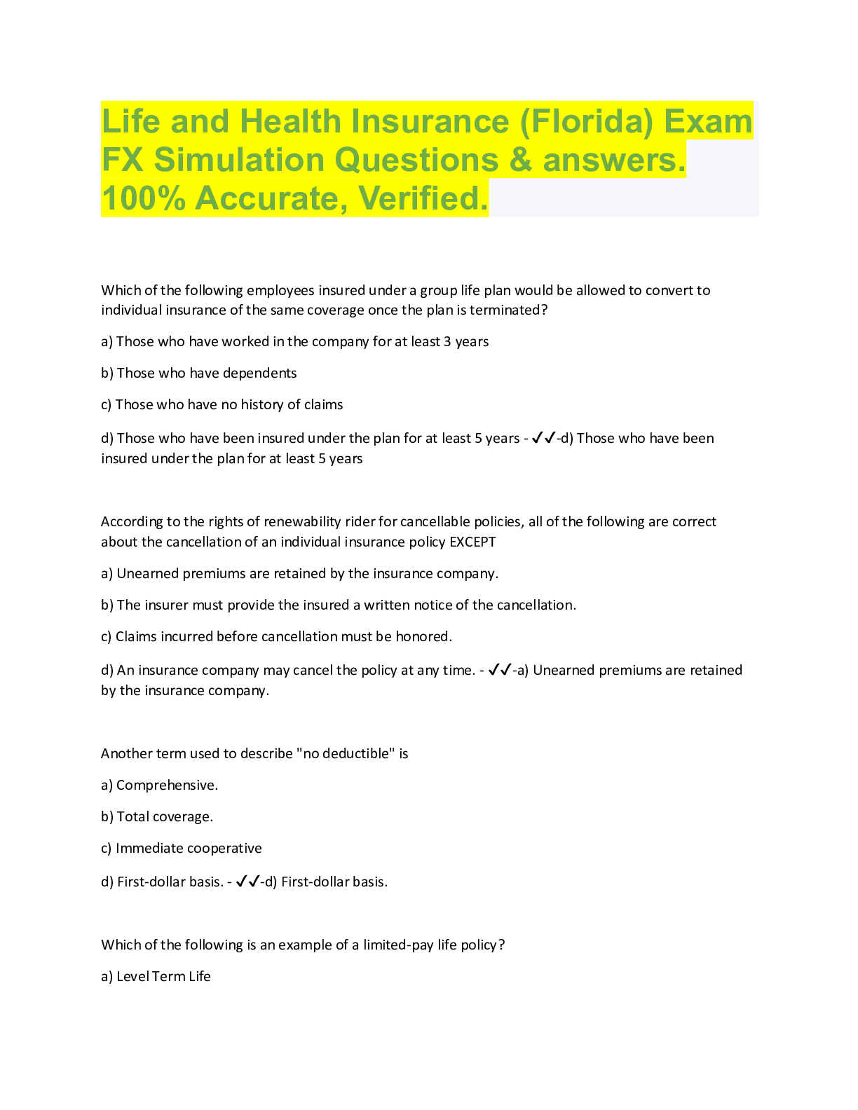Preview image for Life and Health Insurance (Florida) Exam FX Simulation Questions & answers.  100% Accurate, Verified.